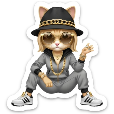 female cat wearing Run DMC hip-hop outfit with tracksuit, fedora, Adidas sneakers, dark sunglasses, many gold chains, rings, bracelets, flashy earrings, fallen down sticker