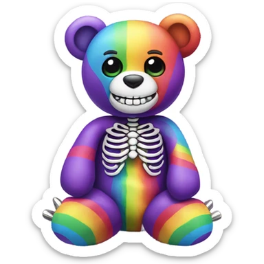 Purple teddy bear wearing a rainbow shirt with skeleton on teeth and metal spikes  sticker