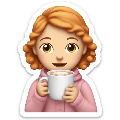 A ginger girl drinking hot chocolate cozy in baby pink sticker
