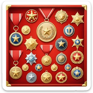 Icon for Collecting Orders, Medals & Badges: a variety of vintage orders, medals and badges, displayed neatly on a big red pennant or in a display case. The icon should reflect the honor and historical significance of these collectible items. Transparent background. sticker