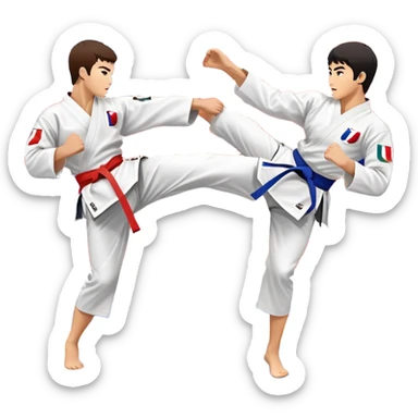Two taekwondo fighters in a competition arena, one performing a high spinning kick towards the opponent’s head, while the other blocks with a precise guard. The background features a dynamic, bright arena with flags, emphasizing speed and agility in the martial art. Transparent background  sticker