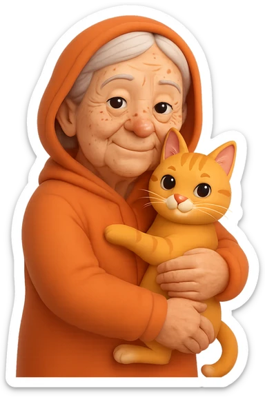 Make the grandmother look older with more wrinkles, gray hair, and age spots in a 3D emoji style. She is holding one cat. The background should be transparent with no background. sticker