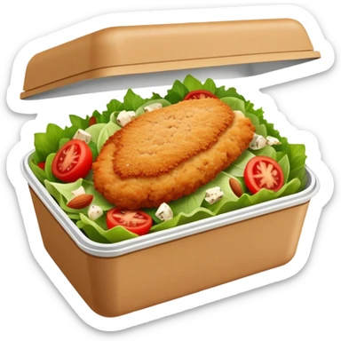 salad in a rectangular brown box container. with a chicken cutlet on top. the salad has gorgonzola cheese and almonds on it, with a few tomatoes sticker