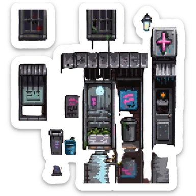 Pixel art background in side-scrolling view, inspired by classic Sega fighting games. Dark urban street in front of an old brick building, with graffiti, broken windows, metal door, trash cans, flickering neon sign, and a streetlamp. Gritty atmosphere, nighttime, subtle rain puddles on the ground. sticker