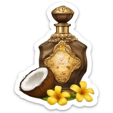 An antique perfume bottle with oil made of bronze and brown crystals, coconut, cream and coffee milk flow, yellow flowers of fragrant vanilla lie next to it sticker