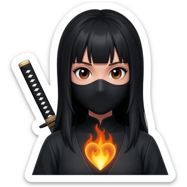Girl, ninja, katana,fire heart, brown eyes, long hair, black hair, mask, sticker