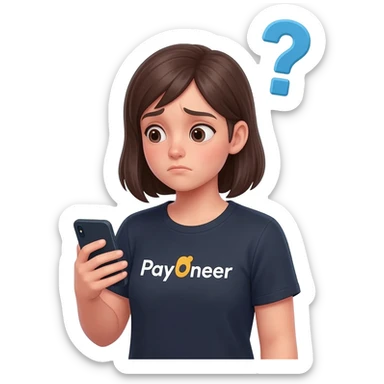Girl looking at her phone with wondering face and a question mark wearing dark tshirt with payoneer written on it not a logo, just a word in the same font as on logo sticker