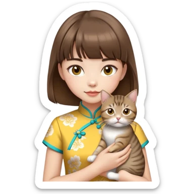 girl with brown hair and bangs wearing yellow qipao with a gray tabby cat sticker