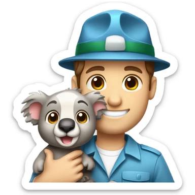 Caucasian brown hair male zookeeper holding cute koala sticker