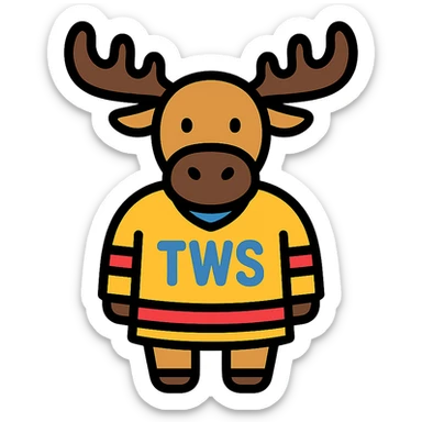 a clean, modern icon style moose wearing a hockey jersey with the letters 'TWS' on it sticker