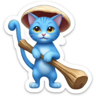  Cute Blue Cat NO ears wearing a mushroom cap carrying a stick sticker