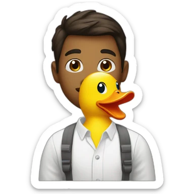A young man talking to rubber duck sticker