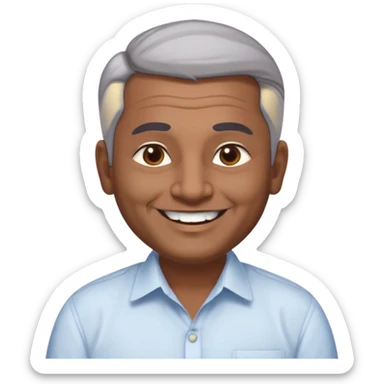 50 yr old indian man, dark skin, grey hair, big smile, white teeth, chubby, no moustache, clean shaven, young style hair, hair brushed back, 5 oclock shadow, bindy, dress shirt, forehead dot sticker