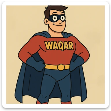 superhero with 'Waqar' written on the chest, modern cartoon style, vibrant colors sticker