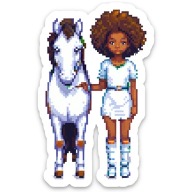 black girl with afro standing beside a white horse, pixel art style sticker