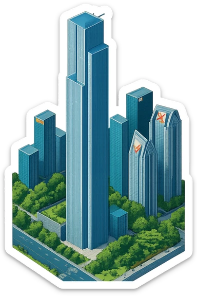 Изометричная, яркая, детализированная, объемная и фотореалистичная иллюстрация башни Guangzhou CTF Finance Centre. В стиле 3D-коллажей городов, насыщенные цвета, аккуратные и чёткие линии, мультяшно-реалистичная стилистика. Чёткие контуры, не размазанные линии, высокое качество, прозрачный фон, не обрезать края картинки sticker