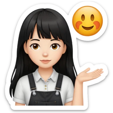 Make it a girl wil long hair like this and look like this  she has brown ish black hair and if has bangs with black overalls and a white shirt sticker