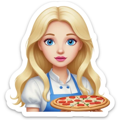 Cinematic realistic beautiful blonde with long hair, blue eyes and pink lips in a white dress cooks pizza sticker