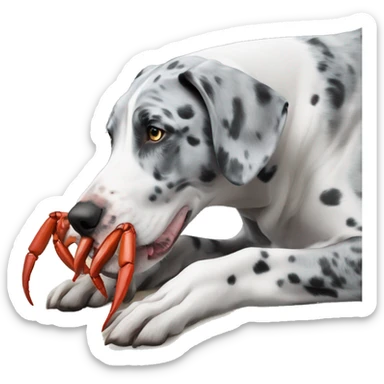 Blue Merle Great Dane eating red crab sticker