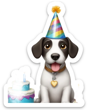 White male small dog wearing birthday hat with a cake  sticker