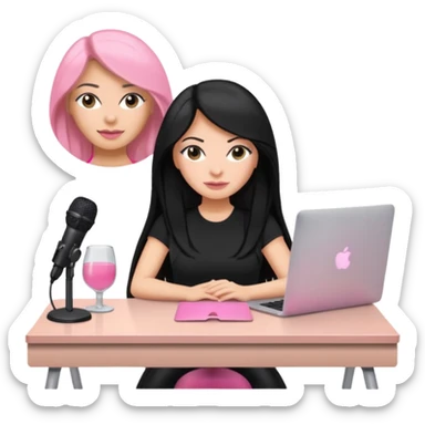 tanned long black hair woman, sat at desk with pink MacBook, podcast microphone black top and pink, sexy, glass table sticker