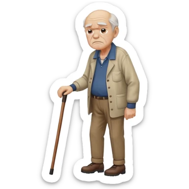 Old man leaning on a walking cane and holding his crancky back with his hand, grumpy face, detailed sticker