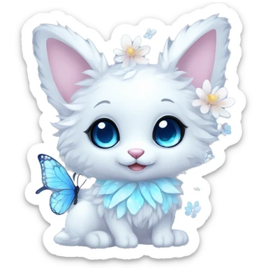 Anthro Cute Cool Kawaii gorgeous sparkly ethereal white fantasy animal creature with blue eyes furry sona with flowers and butterflies beautiful aesthetic sticker