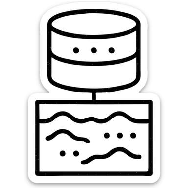 abstract minimalist outlined icon of database shapes intersecting with a basement motif, with abstract data streams of lines, dots, or waves, worn and distressed effect sticker