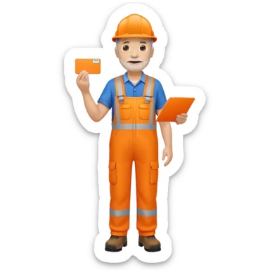 older engineer hi-vis orange overalls standing full body holding a card sticker