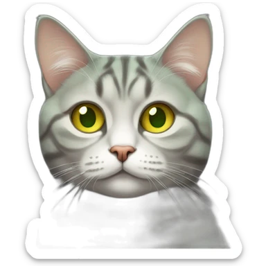 american short hair cat- tabby- a little bit fat- green yellow eyes- the distances between eyes is a little bit far- gray hair fluffy- looks cute- sleeping sticker