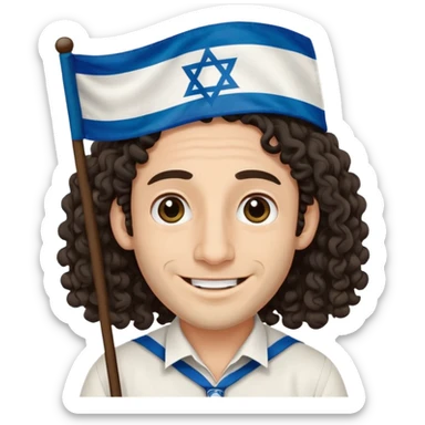 jewish jew man's face, wearing a tiny black kippah and 2 curly long hair strands near the ears, big nose, only face, no body, no mustache, holding israel flag sticker