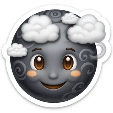 dark gray planet with smoky swirls and clouds with a cute smiling face sticker