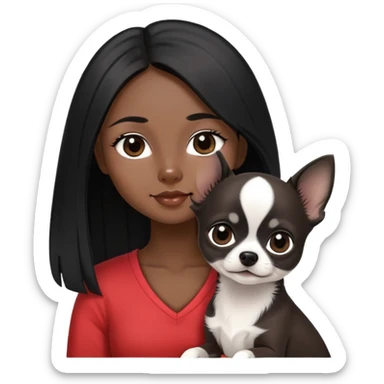 Thai woman with long straight black hair next to a small black and white Chihuahua puppy sticker
