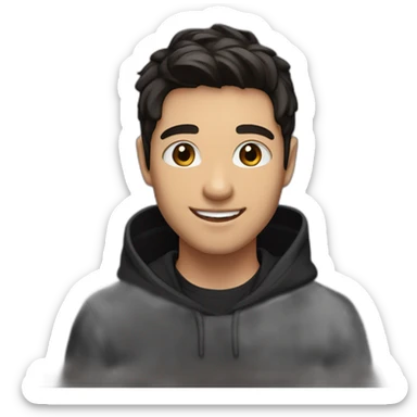 A cheerful young male digital avatar with medium skin, large brown eyes, black slicked-back hair, a bright smile, and a mole on the left cheek, wearing a black hoodie. sticker