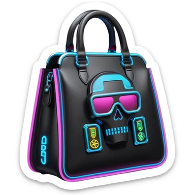 Ultra realistic dolce and Gabbana bag in a black color with cyberpunk neon-lit embellishment, 3d render, isolated, 8k sticker