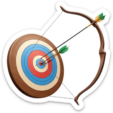 A professional recurve bow with an arrow nocked, ready to be released. The target features concentric rings, placed at a distance. The emphasis is on the bow, arrow, and target, highlighting the precision, focus, and skill involved in competitive archery. sticker