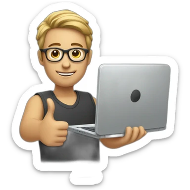 man wearing glasses and holding a computer in his right hand and signaling OK with his left hand sticker