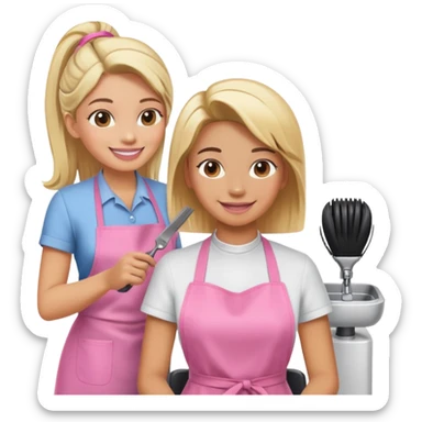 smiling woman in pink apron getting a haircut from a smiling female hairstylist sticker