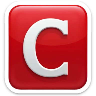 A bold white capital letter "C" centered inside a red rounded square, flat emoji design, glossy shiny light reflection on the top left, same style as 🅱️ emoji, simple and clean, transparent background, no extra elements sticker