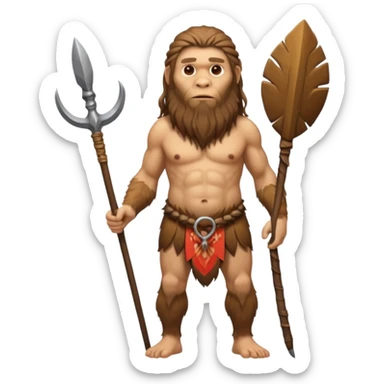 Neanderthal with monkey body, human face, long hair and long beard, holding a spear, fullbody sticker