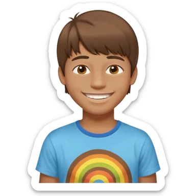 16 yr old boy, brown hair, straight, big smile, white teeth, tanned skin, bangs, hippie part sticker