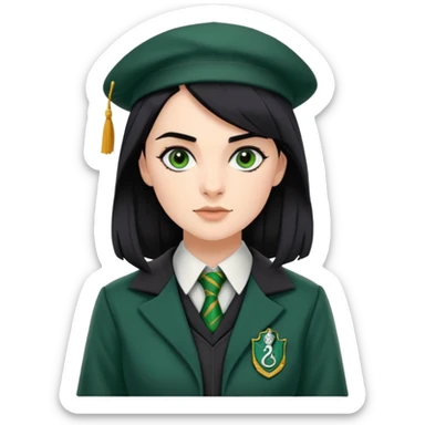 genevieve gaunt is Pansy Parkinson in harry potter, wear hogwarts slytherin uniform, black hair, not wearing hat sticker