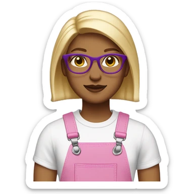 Create a feminine emoji: medium straight light blonde hair, brown eyes, glasses with purple cat-eye frames, pink overalls and white t-shirt. sticker