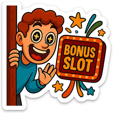 Make the person peeking around the corner look extremely excited and eager for the bonus slot, with sparkling eyes and a joyful expression. Keep the style consistent with the original and maintain a transparent background. sticker