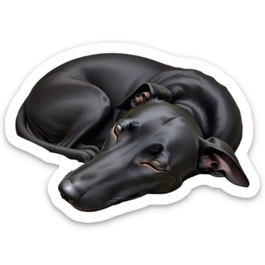 Meme-Worthy Cute Sleeping Black Greyhound Portrait Emoji, Head resting peacefully with a contented smile, showcasing a delightfully slender build and a luxuriously smooth black Fur, eyes shut in a serene nap, Simplified yet hilariously adorable features, highly detailed, glowing with a soft, drowsy light, high shine, relaxed and utterly lovable, stylized with an air of playful laziness, bright and heartwarming, soft glowing outline, capturing the essence of a comically sleepy racer, so meme-worthy it feels like it could instantly become the next viral sensation of adorable slumber! sticker