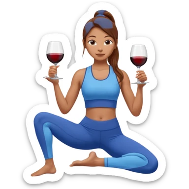 Девушка с каштановыми длинными волосами, собранными в хвост, в синем спортивном топе и синих лосинах занимается йогой с бокалом вина в одной руке sticker