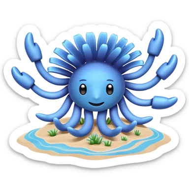 Light blue sea anemone with arms listening to music on sand sticker