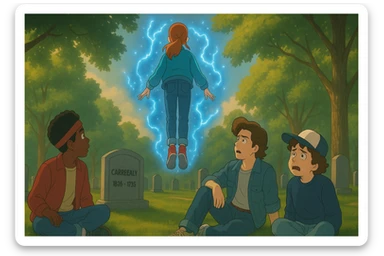 Max from Stranger Things levitating above a grave in a cemetery, seen from behind, with Lucas, Steve, and Dustin watching. Dustin looks visibly scared. Ghibli style, wide aspect ratio (16:9), supernatural glowing effects around Max, expressive and cinematic atmosphere. sticker