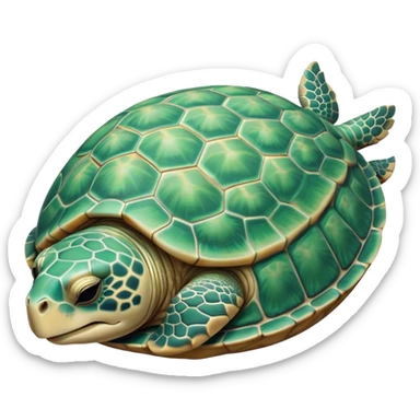 Meme-Worthy Cute Sleeping Sea Turtle Portrait Emoji, Head resting peacefully with a contented smile, showcasing a stately, patterned shell and a smooth, ancient body with eyes gently closed in serene slumber, Simplified yet adorably endearing features, highly detailed, glowing with a soft, drowsy oceanic light, high shine, relaxed and utterly lovable, stylized with an air of playful laziness, soft glowing outline, capturing the essence of a sleeping sea turtle that feels destined to become the next viral icon of adorable rest! sticker