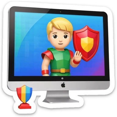 a computer screen with a shield and a child's figurine sticker